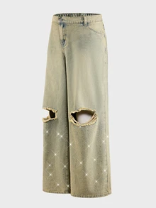 AXEPEAK Men's Washed Distressed Rhinestone Vintage Long Pants - Light Wash - View 9