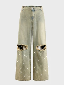 AXEPEAK Men's Washed Distressed Rhinestone Vintage Long Pants - Light Wash - View 2