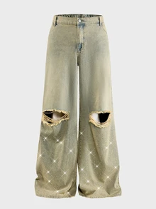AXEPEAK Men's Washed Distressed Rhinestone Vintage Long Pants - Light Wash - View 8