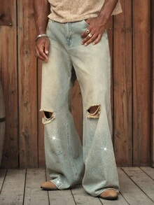 AXEPEAK Men's Washed Distressed Rhinestone Vintage Long Pants - Light Wash - View 1