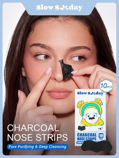 SlowSunday Charcoal Nose Strips 10pcs, With Charcoal Powder, Aloe Vera Extract, Tea Extract, Deeply Cleanses, Remove Dirt, Oil & Blackheads, Unclog Pores & Soothe The Skin, For Oily Skin, Skin Care, Y2K, Suitable For Summer, Halloween