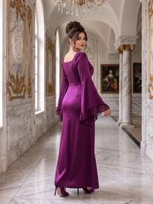 Roveilla Purple Mermaid Evening Gown With Flared Long Sleeves, Metallic Floral Buttons And Square Neckline Party Dress Fall - Purple - View 4