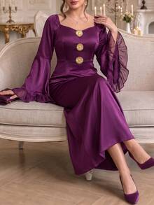 Roveilla Purple Mermaid Evening Gown With Flared Long Sleeves, Metallic Floral Buttons And Square Neckline Party Dress Fall - Purple - View 2