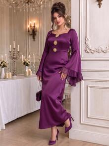 Roveilla Purple Mermaid Evening Gown With Flared Long Sleeves, Metallic Floral Buttons And Square Neckline Party Dress Fall - Purple - View 1