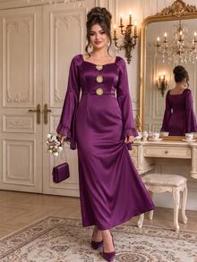 Roveilla Purple Mermaid Evening Gown With Flared Long Sleeves, Metallic Floral Buttons And Square Neckline Party Dress Fall - Purple - View 7