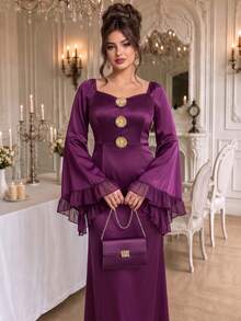 Roveilla Purple Mermaid Evening Gown With Flared Long Sleeves, Metallic Floral Buttons And Square Neckline Party Dress Fall - Purple - View 3