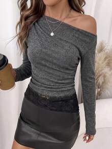 SHEIN Clasi Women's Solid Color Asymmetric Neck Long Sleeve Ruched Fitted T-Shirt Night Out Dark Grey Autumn Sexy - Blue - View 1