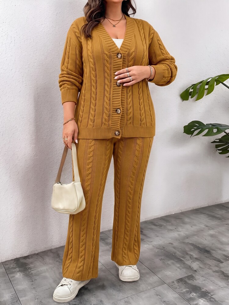 SHEIN LUNE CURVE Plus Size Women's Autumn/Winter Thick Knit Casual 2-Piece Set, Long Sleeve Drop Shoulder Loose Cable Knit Cardigan Jacket With Button Closure And Straight Leg Casual Pants, Everyday Sweater Set - Camel - View 7