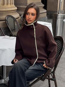 Aloruh Women's Stand Collar Funnel Neck Contrast Trim Fitted Loose Wool Blend Jacket, Minimalist Commuter Versatile Autumn/Winter New Style,New Fall Styles - Brown - View 7
