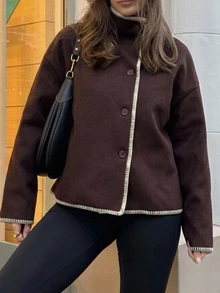 Aloruh Women's Stand Collar Funnel Neck Contrast Trim Fitted Loose Wool Blend Jacket, Minimalist Commuter Versatile Autumn/Winter New Style,New Fall Styles - Brown - View 3