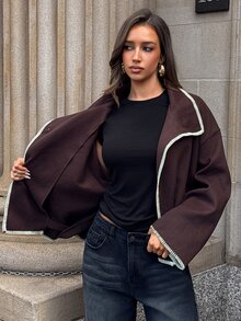 Aloruh Women's Stand Collar Funnel Neck Contrast Trim Fitted Loose Wool Blend Jacket, Minimalist Commuter Versatile Autumn/Winter New Style,New Fall Styles - Brown - View 8