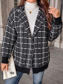 Easura 秋冬大尺碼復古休閒束腰設計黑白格紋領針織開襟衫女款 寬鬆慵懶中長版長袖毛衣 正式辦公風 - 黑與白 - 查看 4