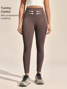 Exploreva Exploreva Women's Outdoor Sports Casual Green Pocket Leggings - Coffee Brown - View 5