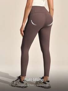 Exploreva Exploreva Women's Outdoor Sports Casual Green Pocket Leggings - Coffee Brown - View 2