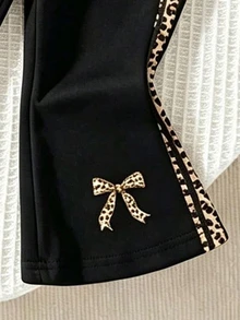 2件組 豹紋飾邊袖口蝴蝶結刺繡圓領運動衫＋側邊豹紋條紋喇叭褲，大童女孩秋季休閒套裝 - 彩色 - 查看 6