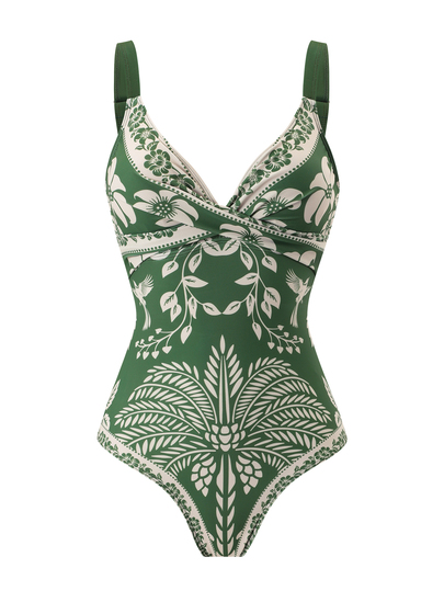 Swim Oasis Traje de baño de una pieza con estampado de plantas tropicales verdes, diseño de cruzado y torsión, con shorts de playa para mujer, ideal para vacaciones de verano