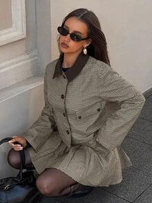 Aloruh Women's Plaid Long Sleeve Single-Breasted Blazer And Pleated Skirt Suit Set - Multicolor - View 7