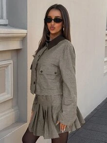 Aloruh Women's Plaid Long Sleeve Single-Breasted Blazer And Pleated Skirt Suit Set - Multicolor - View 5