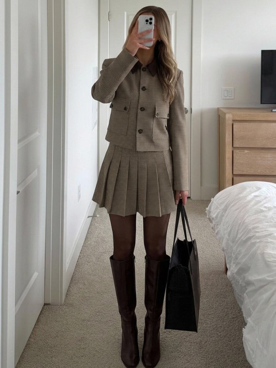 Aloruh Women's Plaid Long Sleeve Single-Breasted Blazer And Pleated Skirt Suit Set