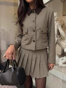 Aloruh Women's Plaid Long Sleeve Single-Breasted Blazer And Pleated Skirt Suit Set - Multicolor - View 10