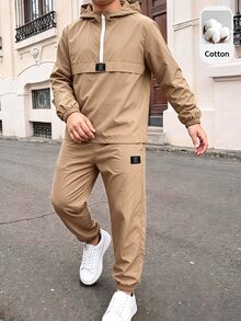 SHEIN 2件組兒童青少年男孩半拉鍊連帽外套與慢跑長褲套裝，休閒運動風，適合秋冬穿著 - 卡其色 - 查看 5