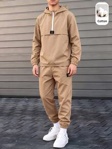 SHEIN 2件組兒童青少年男孩半拉鍊連帽外套與慢跑長褲套裝，休閒運動風，適合秋冬穿著 - 卡其色 - 查看 3