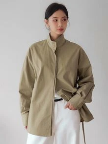DAZY 女款卡其綠寬鬆商務休閒通勤長袖襯衫，腰部抽繩繫帶設計，純色，春秋款 - 橄欖綠 - 查看 4