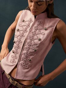 Bohemela Casual Solid Color Woven Women's Vest Jacket - Dusty Pink - View 5