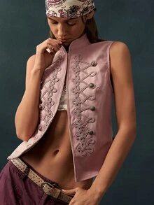 Bohemela Casual Solid Color Woven Women's Vest Jacket - Dusty Pink - View 2