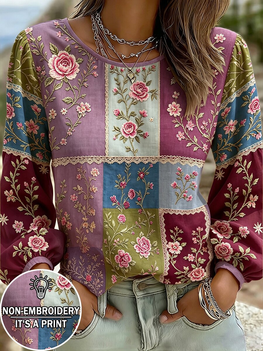 Bytebia Bytebia 波希米亞復古風仿拼接碎花休閒長袖女式襯衫，時尚寬鬆直筒版型，適合秋季/度假/日常早午餐 - 彩色 - 查看 1