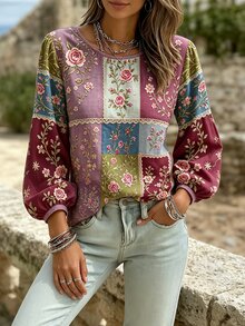 Bytebia Bytebia 波希米亞復古風仿拼接碎花休閒長袖女式襯衫，時尚寬鬆直筒版型，適合秋季/度假/日常早午餐 - 彩色 - 查看 3