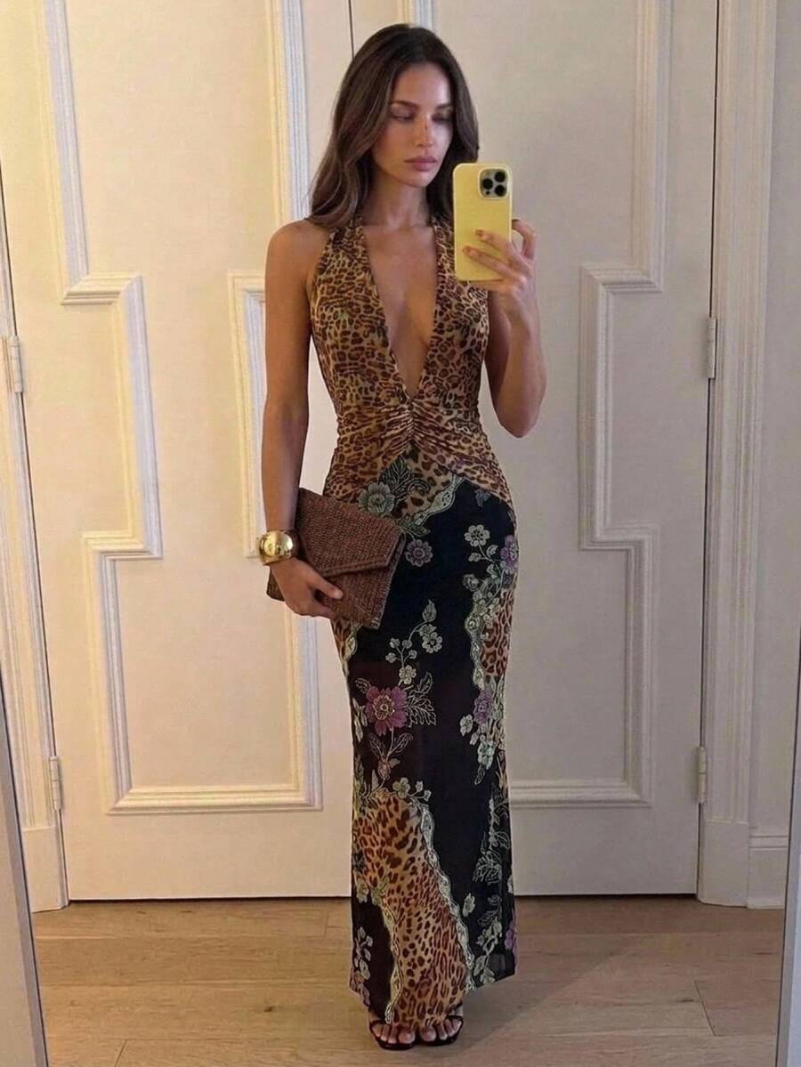 Aloruh Printed Mesh Halter Neck Women's New Dress - Multicolor - View 1