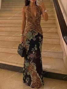 Aloruh Printed Mesh Halter Neck Women's New Dress - Multicolor - View 9