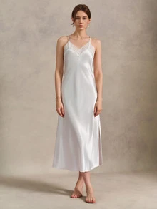 EverLounge Women's Solid Color Lace Patchwork Backless Halter Neck Nightgown Sleep White Summer Elegant - Beige - View 5