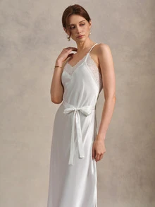 EverLounge Women's Solid Color Lace Patchwork Backless Halter Neck Nightgown Sleep White Summer Elegant - Beige - View 1
