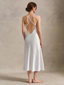 EverLounge Women's Solid Color Lace Patchwork Backless Halter Neck Nightgown Sleep White Summer Elegant - Beige - View 2