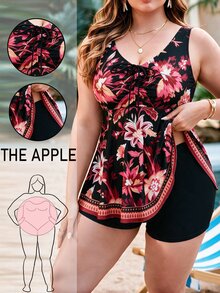 SHEIN Swim 2026新款大尺碼坦克式比基尼泳衣，復古花卉印花，抽繩前襟，女款泳裝 - 彩色 - 查看 3