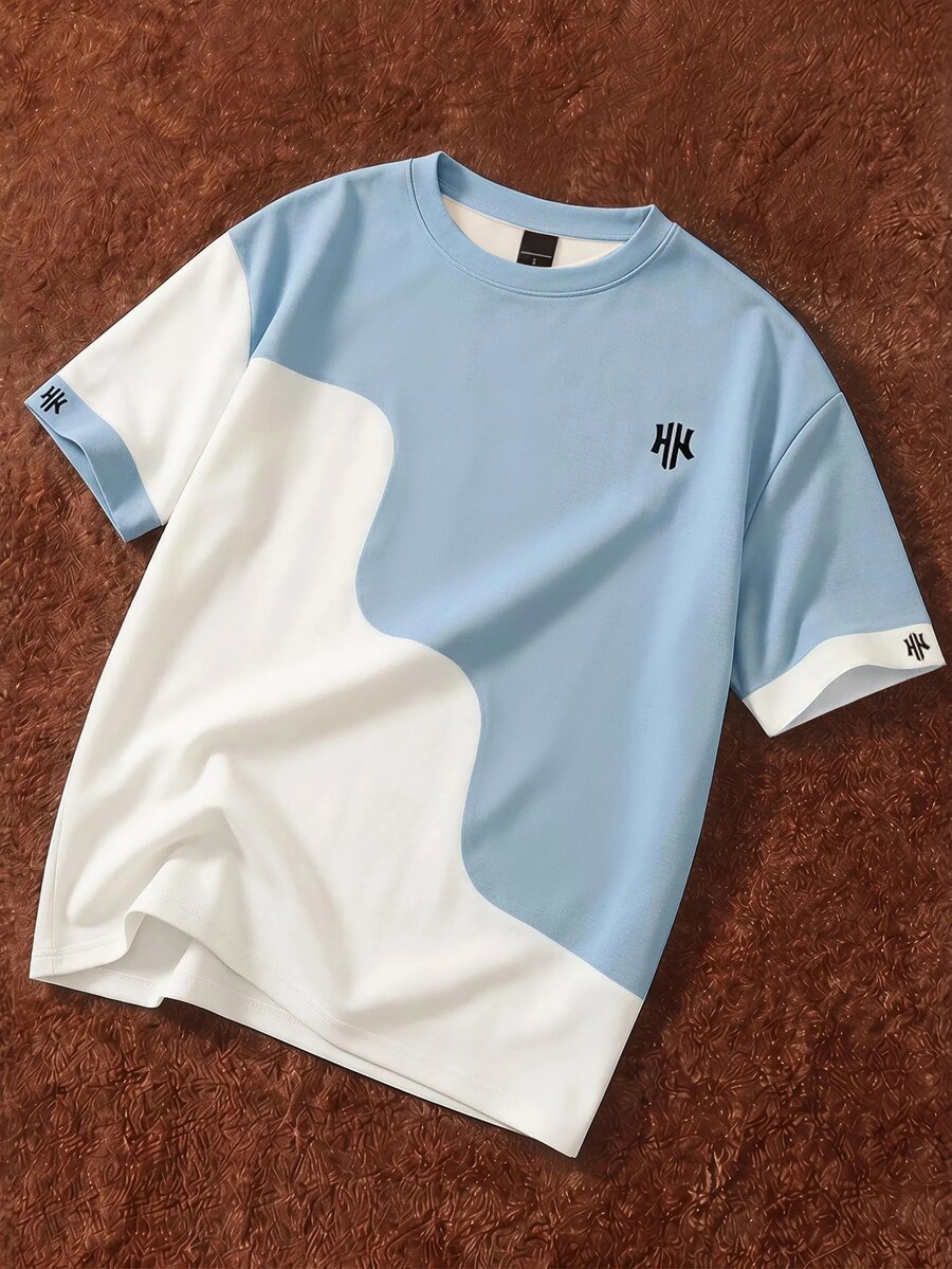 Manfinity Joysei Men's Blue & White Contrast Color T-Shirt, Suitable For Summer Outings, Fresh And Versatile - Blue - View 1