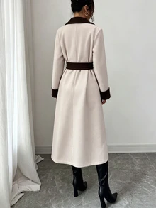 GlowEve 時尚新款對比色翻領收腰腰帶優雅法式中長版大衣女款 - 咖啡棕 - 查看 2
