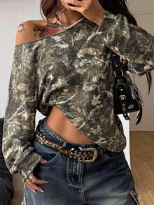 Coolane Camiseta casual de manga larga con cuello asimétrico y estampado de ramas para mujer talla grande, estilo streetwear elegante para uso diario y salidas en otoño e invierno - Multicolor - Ver 1