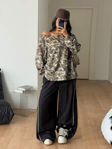 Coolane Camiseta casual de manga larga con cuello asimétrico y estampado de ramas para mujer talla grande, estilo streetwear elegante para uso diario y salidas en otoño e invierno - Multicolor - Ver 6