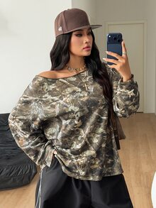 Coolane Camiseta casual de manga larga con cuello asimétrico y estampado de ramas para mujer talla grande, estilo streetwear elegante para uso diario y salidas en otoño e invierno - Multicolor - Ver 7