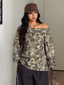 Coolane Camiseta casual de manga larga con cuello asimétrico y estampado de ramas para mujer talla grande, estilo streetwear elegante para uso diario y salidas en otoño e invierno - Multicolor - Ver 4