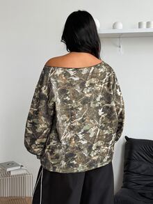 Coolane Camiseta casual de manga larga con cuello asimétrico y estampado de ramas para mujer talla grande, estilo streetwear elegante para uso diario y salidas en otoño e invierno - Multicolor - Ver 5