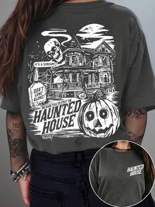EMERY ROSE Men's Halloween Vintage Print T-Shirt, Printed With "Haunted House" Skull And Pumpkin Patterns - Apricot - View 1