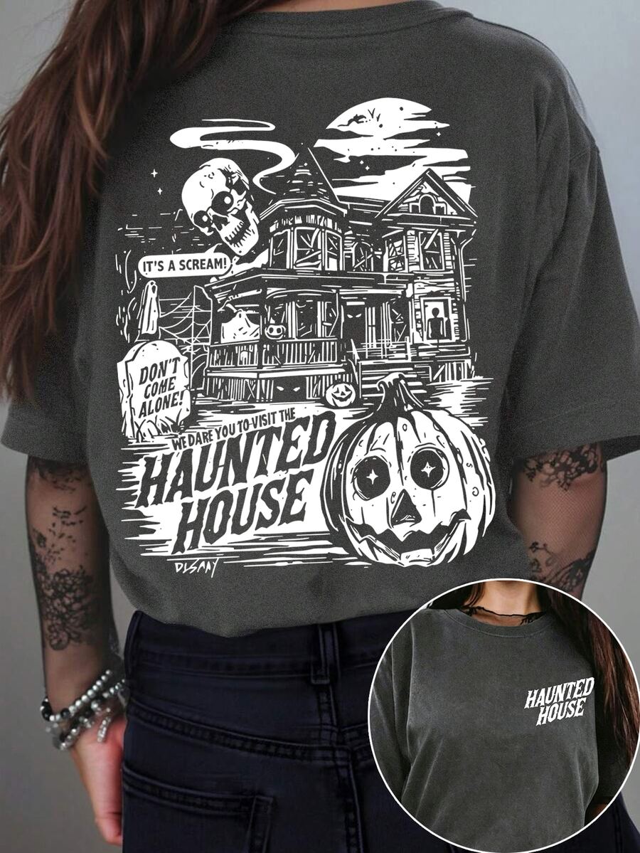 EMERY ROSE Men's Halloween Vintage Print T-Shirt, Printed With "Haunted House" Skull And Pumpkin Patterns - Apricot - View 1