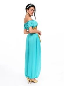 ROMWE Anime Halloween Movie Cosplay Costume Princess Style Ultra Short Crop Top And Lantern Pants Chiffon 2 Pieces Set For Women - Mint Green - View 5