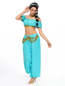 ROMWE Anime Halloween Movie Cosplay Costume Princess Style Ultra Short Crop Top And Lantern Pants Chiffon 2 Pieces Set For Women - Mint Green - View 4