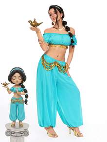 ROMWE Anime Halloween Movie Cosplay Costume Princess Style Ultra Short Crop Top And Lantern Pants Chiffon 2 Pieces Set For Women - Mint Green - View 11
