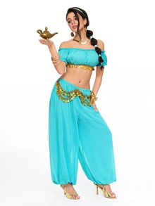 ROMWE Anime Halloween Movie Cosplay Costume Princess Style Ultra Short Crop Top And Lantern Pants Chiffon 2 Pieces Set For Women - Mint Green - View 6